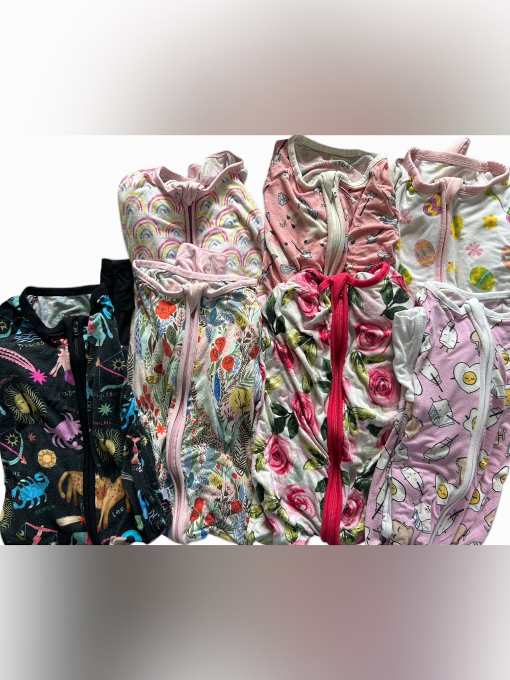 Little Sleepies Girls Floral & Rainbow Zip Footies in Pink, White, Black